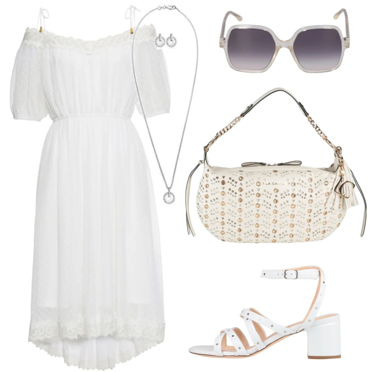 Outfit donna - Total White Curvy. Stile Trendy per Tutti i giorni. Abbinamento con vestiti, sandali in pelle, borse a spalla, ciondoli, occhiali da sole.