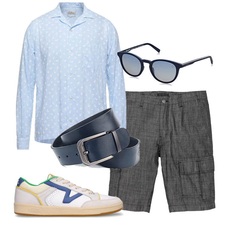 Outfit uomo - Fine agosto. Stile Casual per Tutti i giorni. Abbinamento con bermuda, camicie, cinture, occhiali da sole, sneakers.