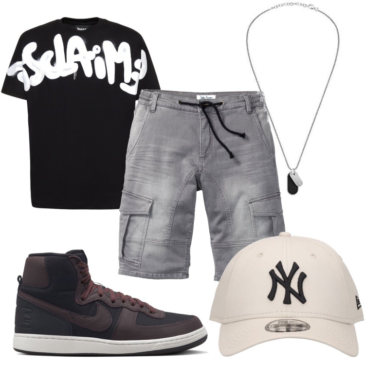 Outfit uomo - Total look #1679492. Stile Urban per Tutti i giorni. Abbinamento con bermuda, sneakers alte, collane, t-shirt, cappelli con visiera.