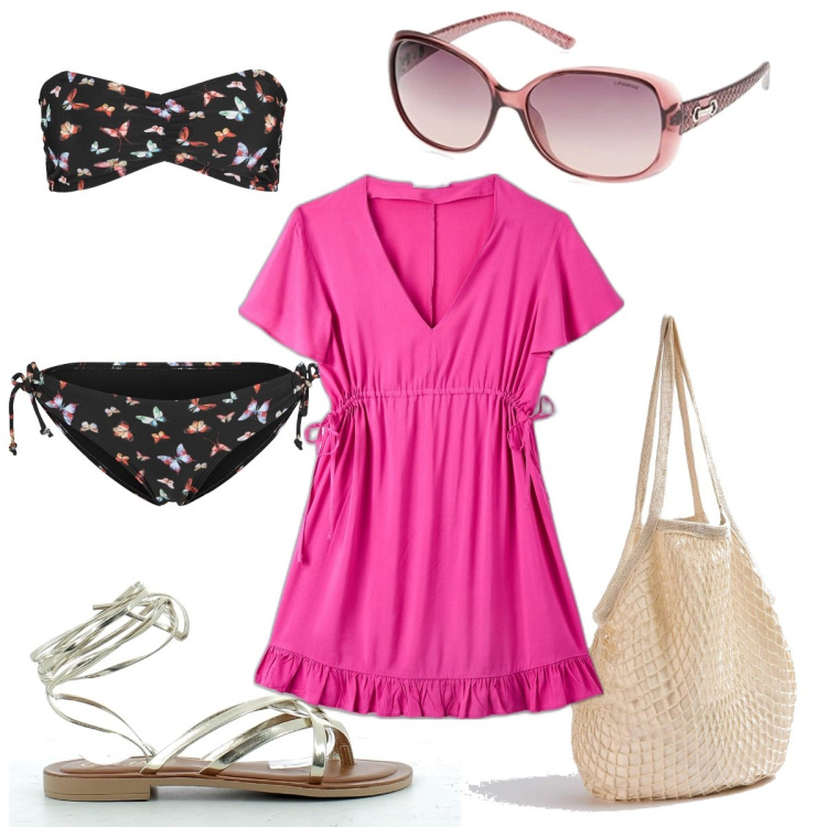 Outfit donna - Total look #1679495. Stile Trendy per Mare. Abbinamento con bikini, vestiti, borse a spalla, sandali alla schiava, occhiali da sole.