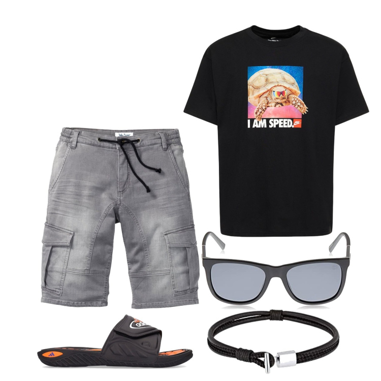 Outfit uomo - Ghost outfitter - luglio. Stile Casual per Tutti i giorni. Abbinamento con bermuda, braccialetti, sandali, occhiali da sole, t-shirt.