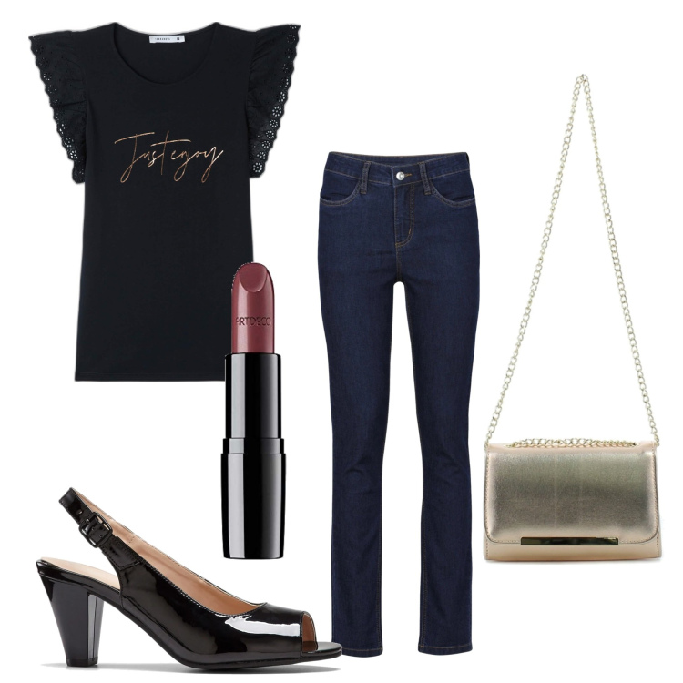 Outfit donna - Total look #1679521. Stile Trendy per Serata fuori. Abbinamento con jeans, décolleté, t-shirt, clutch, rossetti.