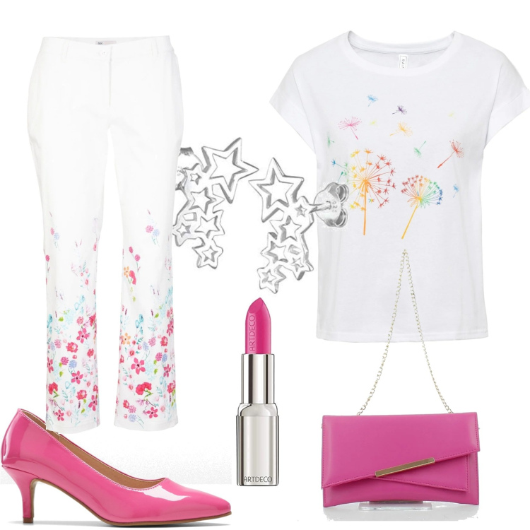Outfit donna - Auguri! Esprimi un desiderio!. Stile Casual chic per Serata fuori. Abbinamento con t-shirt, pantaloni, décolleté, clutch, rossetti, orecchini.