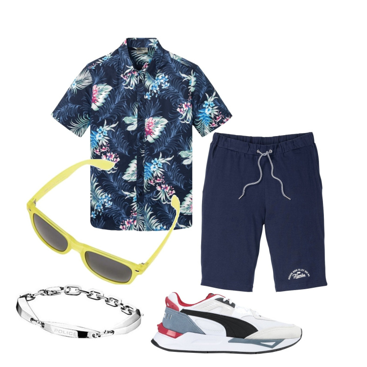 Outfit uomo - Ghost outfitter - luglio. Stile Casual per Tutti i giorni. Abbinamento con bermuda, camicie a manica corta, sneakers, occhiali da sole, braccialetti.