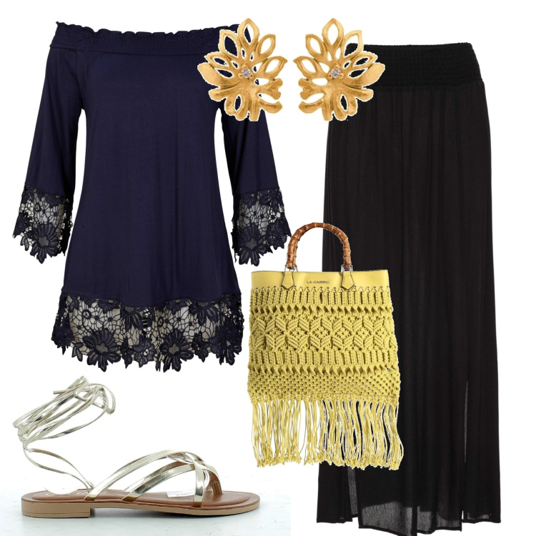 Outfit donna - Una sera al mare. Stile Romantica per Serata fuori. Abbinamento con gonne lunghe, tuniche, borse a mano, sandali alla schiava, orecchini.