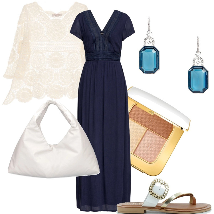 Outfit donna - Abito stile impero. Stile Chic per Serata fuori. Abbinamento con vestiti lunghi, maglieria, sandali in pelle, orecchini, blush, borse a spalla.