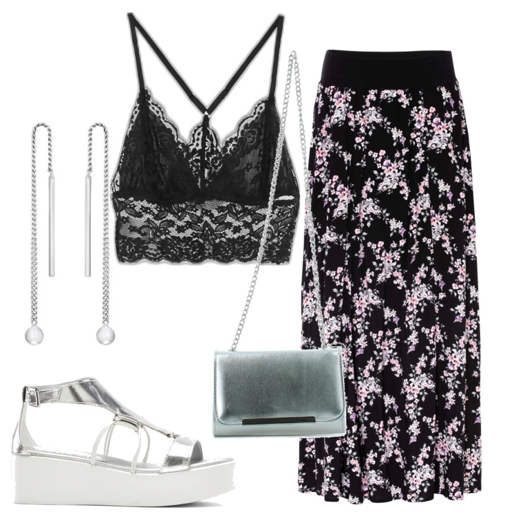 Outfit donna - Il top romantico sexy. Stile Sexy per Serata fuori. Abbinamento con gonne lunghe, sandali col tacco, top, clutch, orecchini.