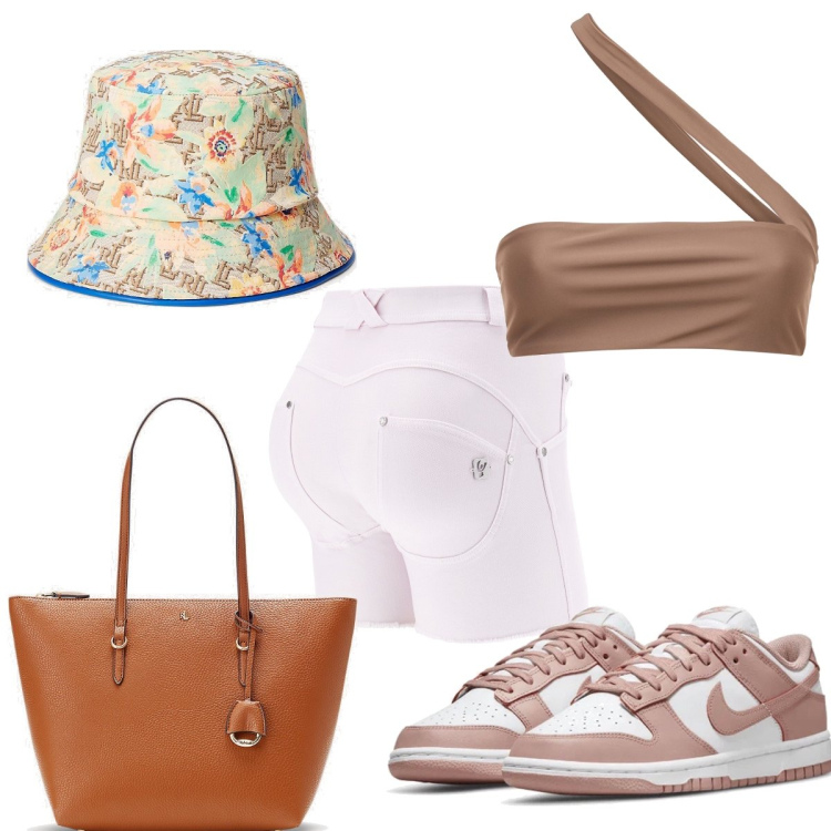 Outfit donna - Total look #1679588. Stile Basic per Mare. Abbinamento con sneakers, shorts, borse tote, cappelli con visiera, bikini.