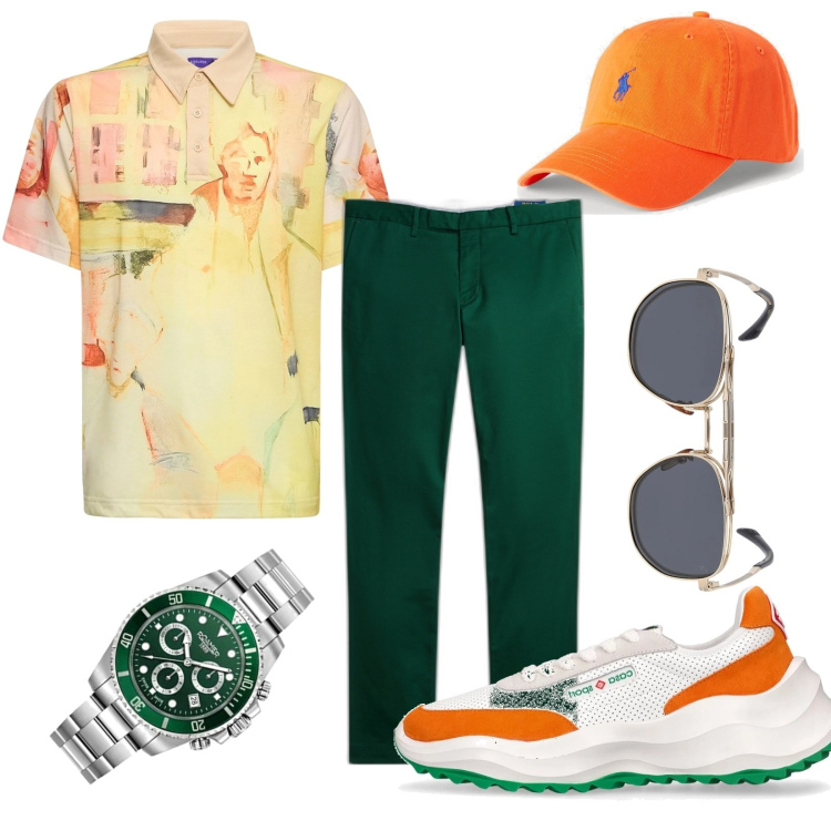 Outfit uomo - Sportivo con classe. Stile Urban per Tutti i giorni. Abbinamento con cappelli, pantaloni chino, polo, sneakers, orologi, occhiali da sole.