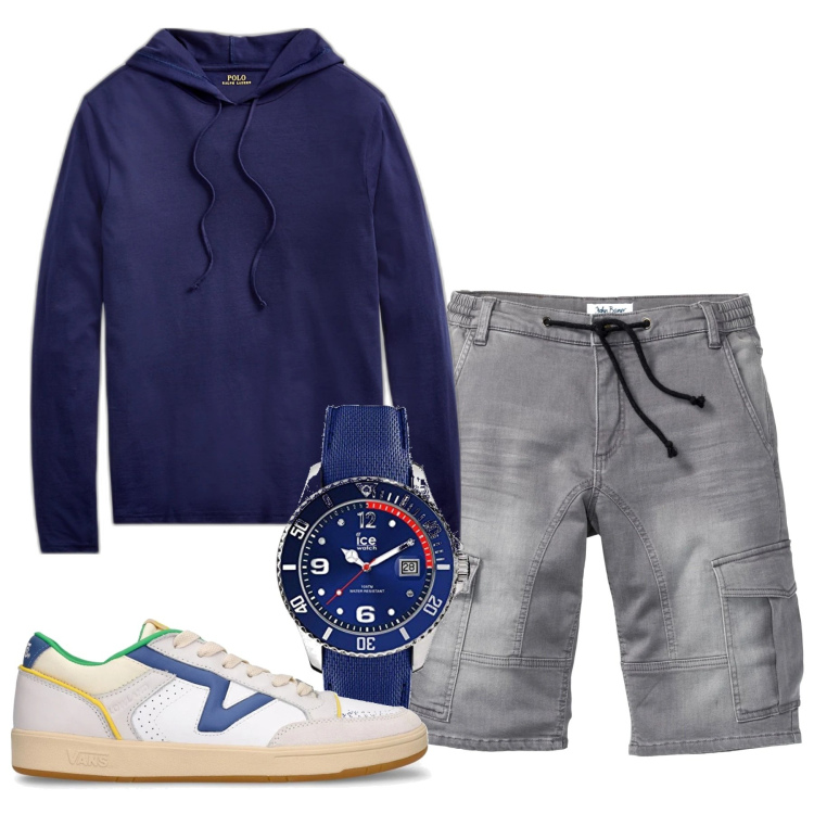 Outfit uomo - La felpa blu. Stile Trendy per Serata speciale. Abbinamento con bermuda, felpe con cappuccio, orologi, sneakers.
