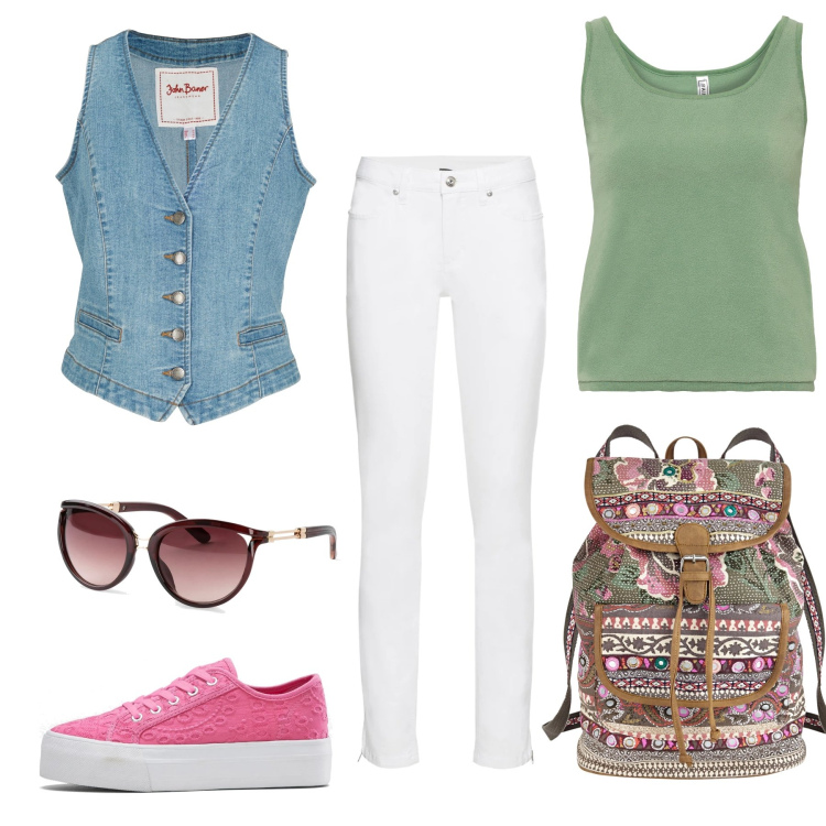 Outfit donna - Bon Day. Stile Casual per Tutti i giorni. Abbinamento con gilet, occhiali da sole, top, jeans skinny, sneakers, zaini.