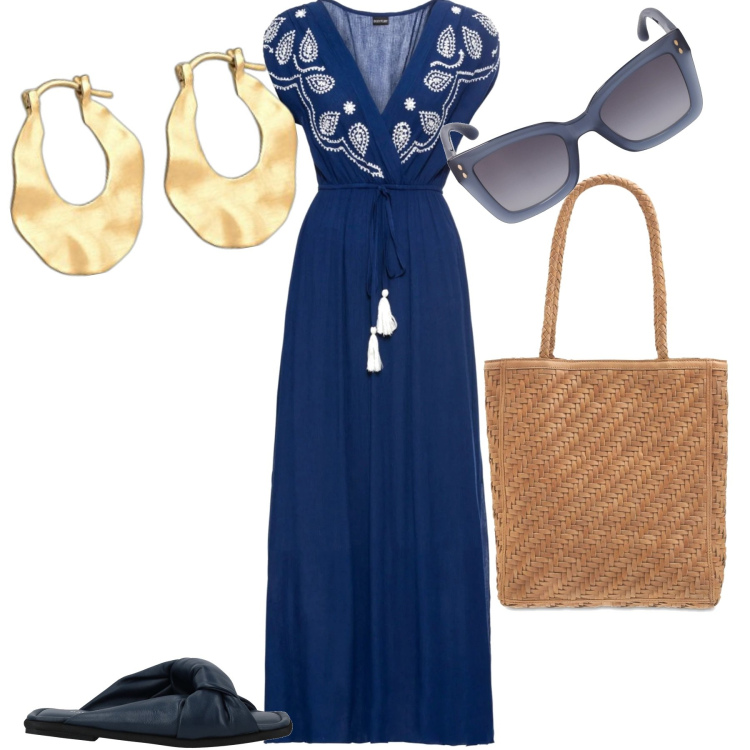 Outfit donna - Vacanze in Grecia. Stile Casual chic per Mare. Abbinamento con vestiti lunghi, sandali in pelle, borse tote, orecchini, occhiali da sole.