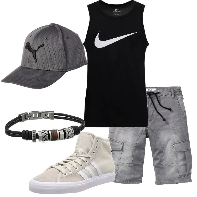 Outfit uomo - Con lo skateboard. Stile Urban per Tutti i giorni. Abbinamento con bermuda, braccialetti, canottiere, scarpe sportive, cappelli con visiera.