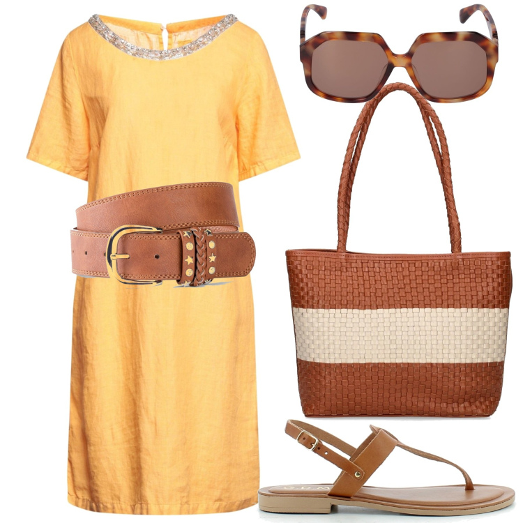 Outfit donna - Comoda e fresca. Stile Basic per Tutti i giorni. Abbinamento con cinture, vestiti corti, sandali in pelle, shopping bag, occhiali da sole.