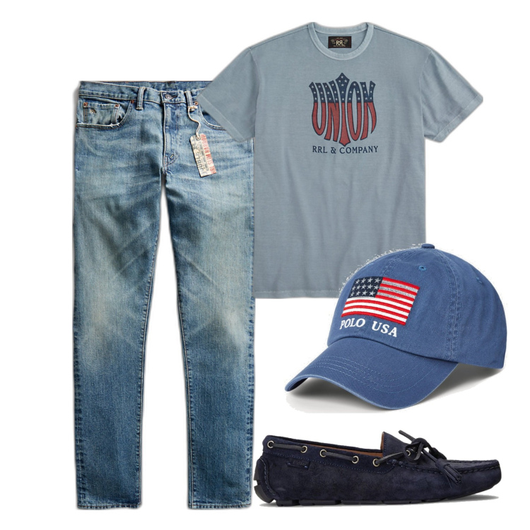 Outfit uomo - In città. Stile Casual per Tutti i giorni. Abbinamento con scarpe stringate, cappelli, t-shirt, jeans.