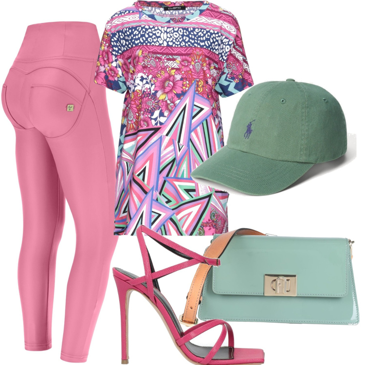 Outfit donna - In fuxia e verde. Stile Glamour per Tutti i giorni. Abbinamento con t-shirt, sandali in pelle, borse a spalla, pantaloni skinny, cappelli.