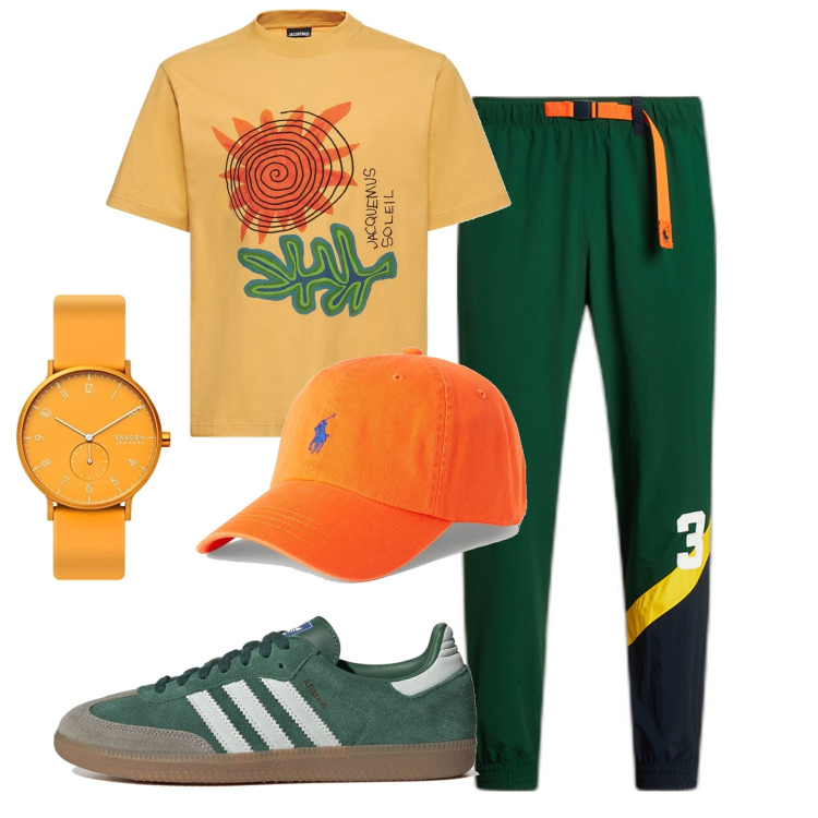 Outfit uomo - Weekend. Stile Urban per Tutti i giorni. Abbinamento con cappelli, pantaloni, orologi, sneakers, t-shirt.