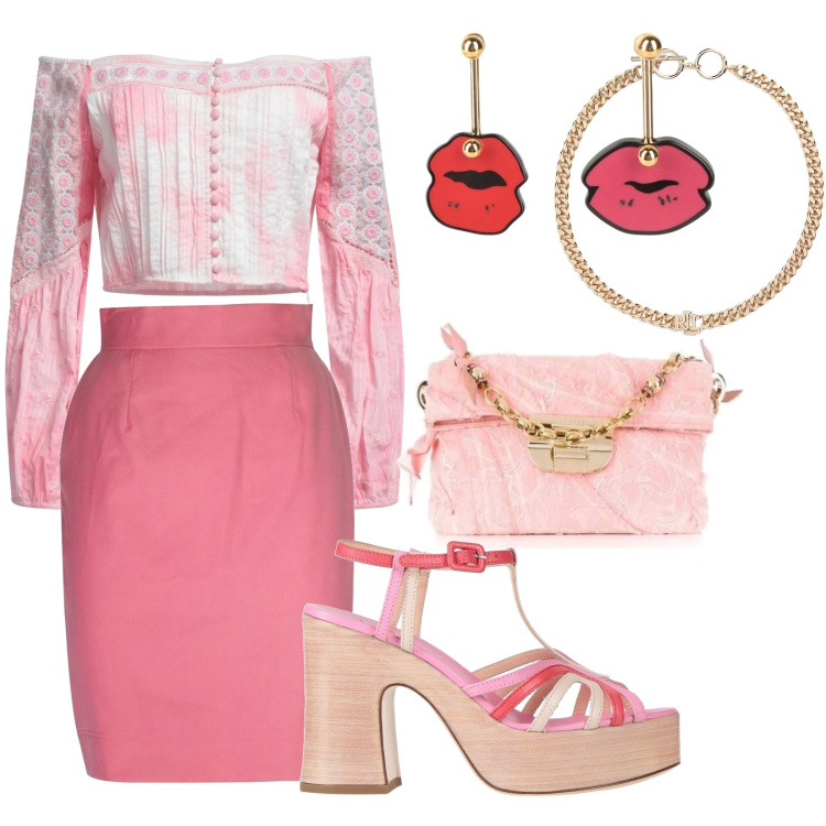 Outfit donna - Barbie sunset vibe. Stile Casual chic per Serata fuori. Abbinamento con sandali in pelle, minigonne, borse a mano, bluse, orecchini, collane.