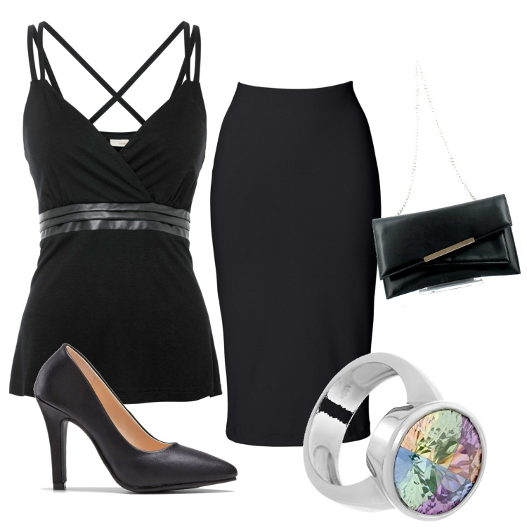 Outfit donna - Total look #1679785. Stile Chic per Serata fuori. Abbinamento con gonne longuette, top, décolleté, clutch, anelli.
