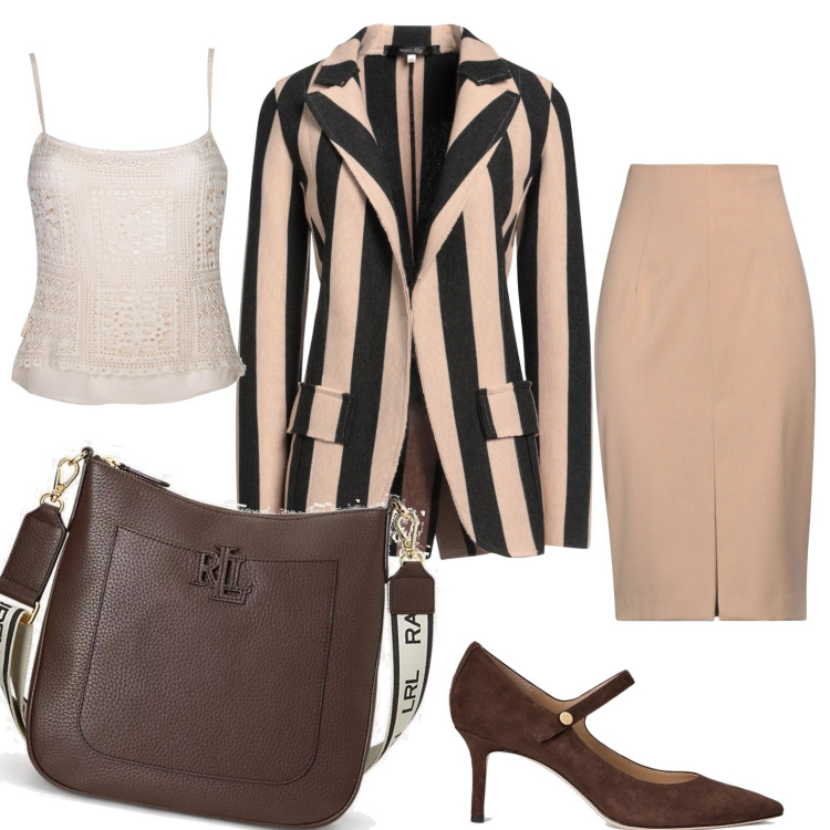 Outfit donna - Il blazer a righe Terre Alte. Stile Casual chic per Ufficio. Abbinamento con blazer, top, gonne longuette, borse a tracolla, décolleté.