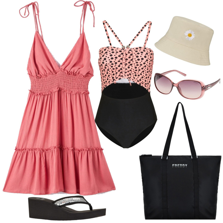 Outfit donna - Agosto, tutti al mare!. Stile Basic per Mare. Abbinamento con infradito, costumi interi, vestiti corti, borse tote, cappelli con visiera, occhiali da sole.