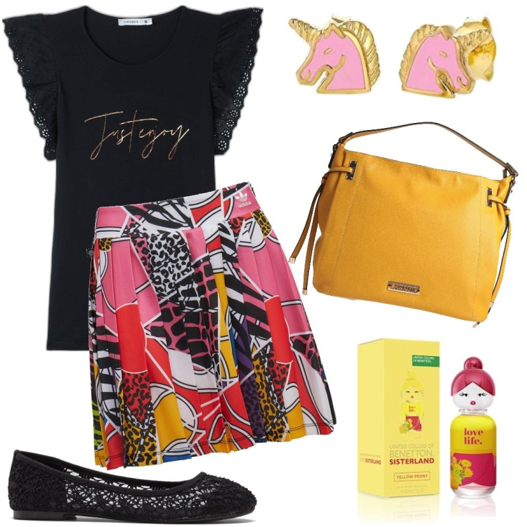 Outfit donna - La mini grafica. Stile Trendy per Tutti i giorni. Abbinamento con ballerine, borse a mano, t-shirt, gonne, orecchini, profumi.
