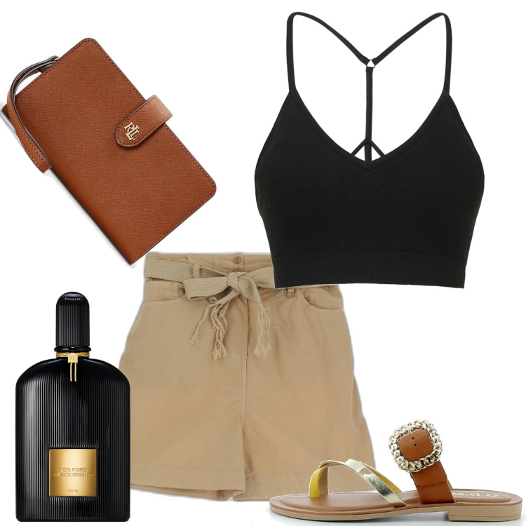 Outfit donna - Total look #1679842. Stile Casual chic per Tutti i giorni. Abbinamento con bermuda, sandali in pelle, pochette, top, profumi.