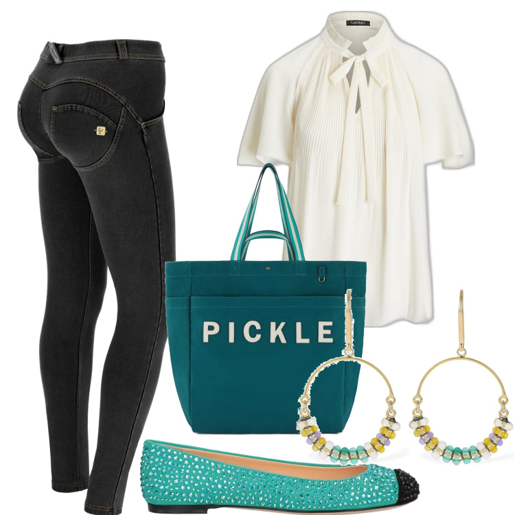 Outfit donna - Ballerine e strass. Stile Urban per Ufficio. Abbinamento con ballerine, jeggings, camicie, orecchini, shopping bag.