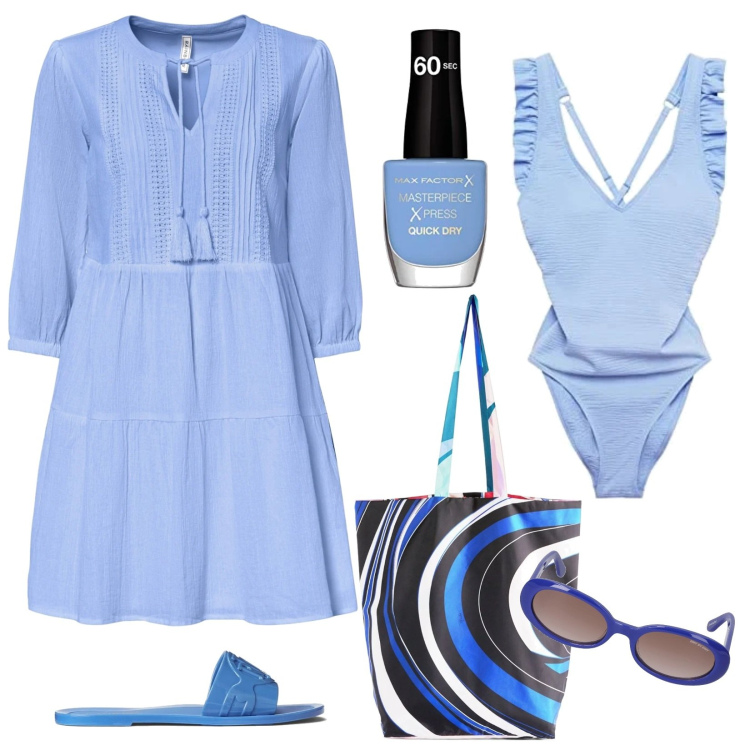 Outfit donna - Ferie in Agosto. Stile Trendy per Mare. Abbinamento con vestiti da spiaggia, ciabatte, costumi interi, shopping bag, occhiali da sole, smalti.
