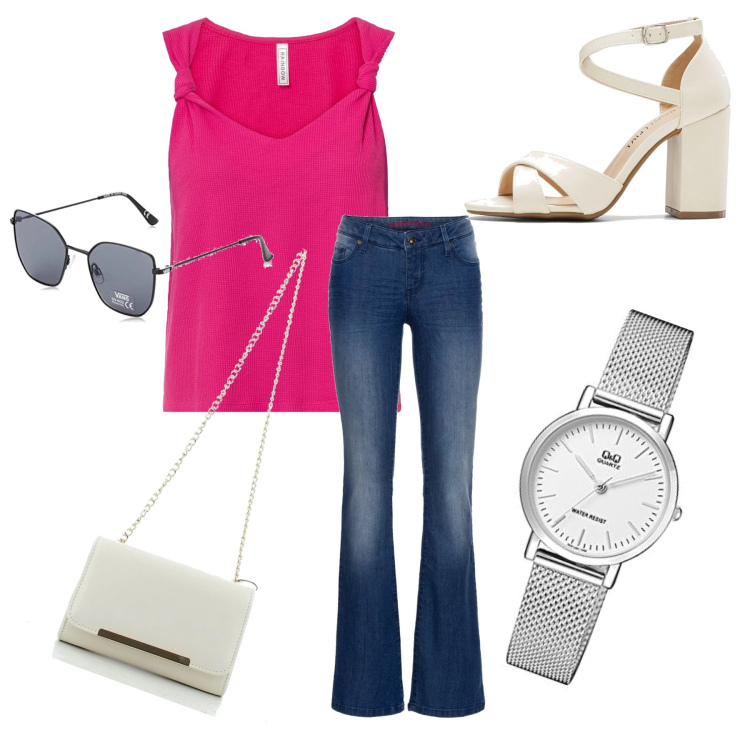 Outfit donna - Everyday. Stile Basic per Tutti i giorni. Abbinamento con jeans bootcut, top, sandali col tacco, clutch, orologi analogici, occhiali da sole.