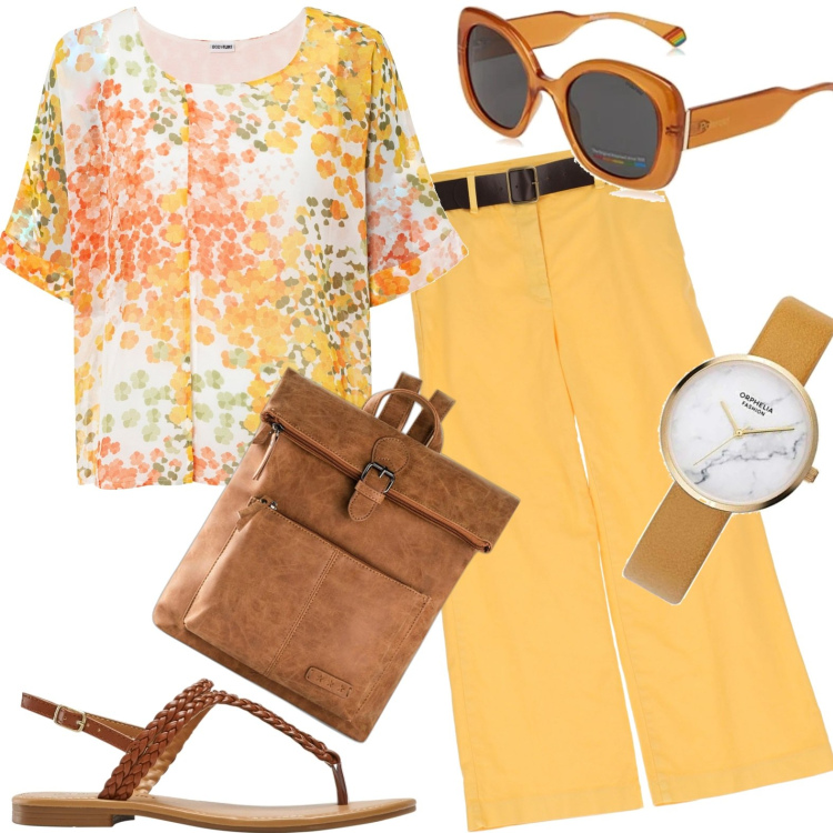Outfit donna - Al lavoro. Stile Casual per Ufficio. Abbinamento con zaini, maglieria, ciabatte, pantaloni a palazzo, orologi, occhiali da sole.