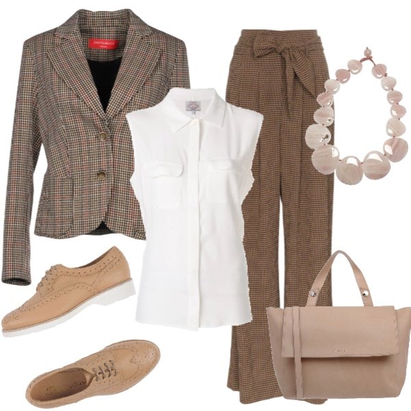 Outfit donna - Romantico autunno. Stile Bon Ton per Ufficio. Abbinamento con giacca a quadri collo con revers a maniche lunghe interno foderato in flanella con tasche, borsa a mano cartella con manico taglia media con zip interno foderato tinta unita, scarpe stringate stringate in pelle martellata con tacco squadrato e punta tonda pianta larga tinta unita, pantalone marrone, camicia senza maniche con tasche bianco, collana in ottone rosa.