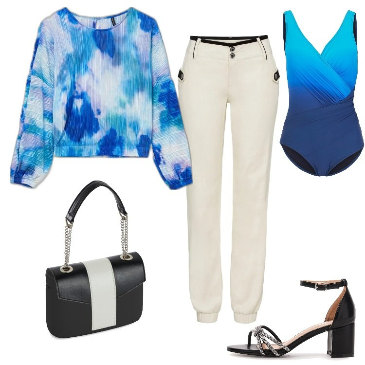 Outfit donna - Total look #1679950- Party. Stile Chic per Tutti i giorni. Abbinamento con costumi interi, pantaloni, bluse, borse a spalla, sandali col tacco.