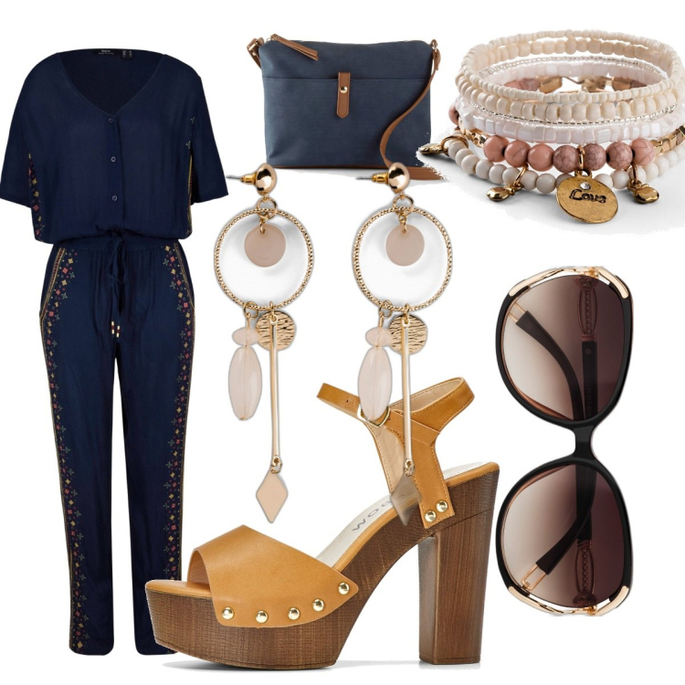 Outfit donna - Total look #1679982. Stile Casual chic per Serata fuori. Abbinamento con braccialetti, occhiali da sole, orecchini, tute, sandali col tacco, borse a tracolla.