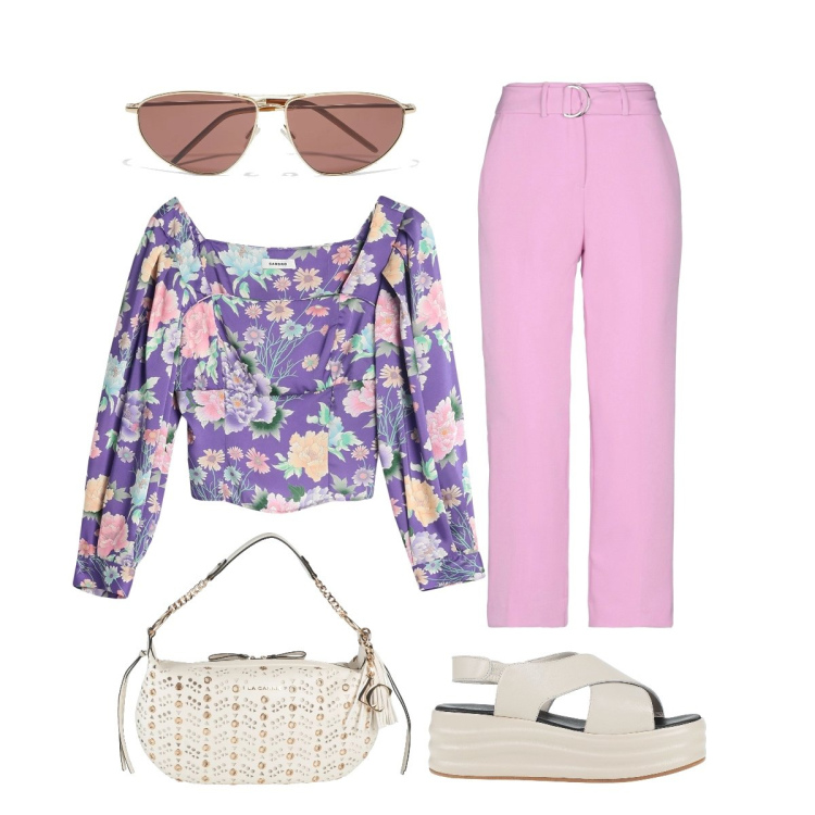 Outfit donna - Uscita con le amiche. Stile Casual chic per Serata fuori. Abbinamento con sandali in pelle, pantaloni, bluse, borse a spalla, occhiali da sole.
