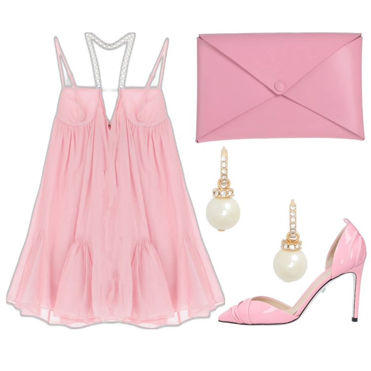 Outfit donna - La vie en rose. Stile Romantica per Serata fuori. Abbinamento con décolleté, borse a mano, vestiti corti, orecchini.