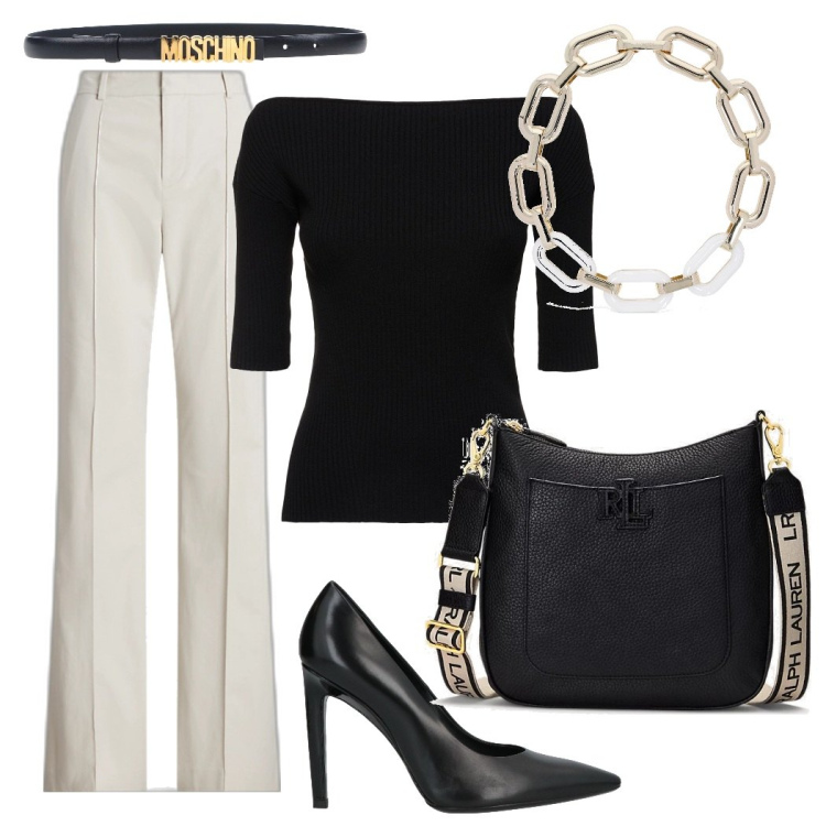 Outfit donna - Chic in ufficio. Stile Casual chic per Ufficio. Abbinamento con décolleté, cinture, pantaloni, borse a tracolla, top, collane.