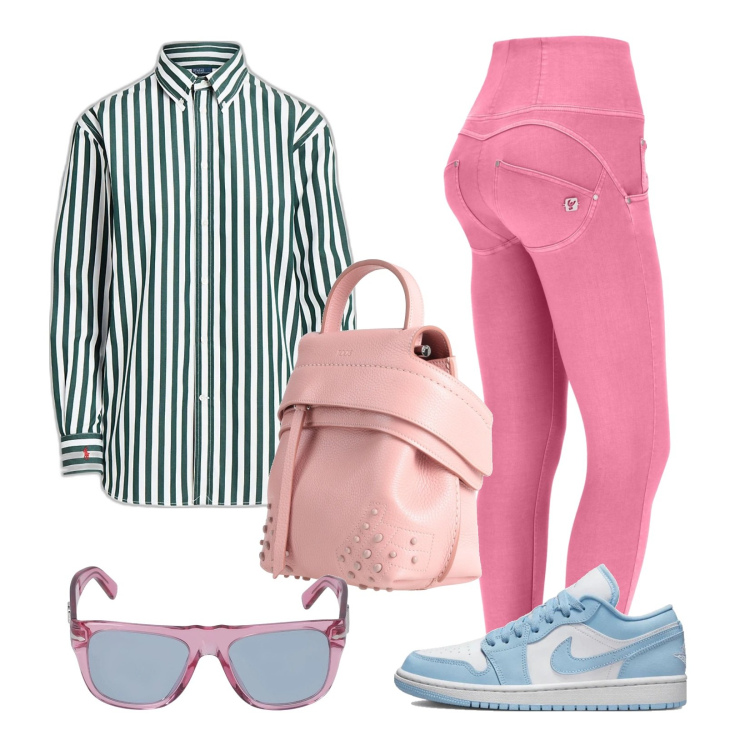 Outfit donna - Camicia a righe. Stile Sporty chic per Tutti i giorni. Abbinamento con sneakers alte, zaini, pantaloni skinny, camicie, occhiali da sole.