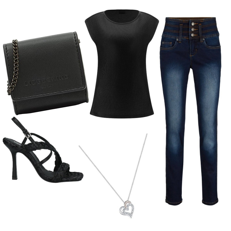 Outfit donna - Black. Stile Casual chic per Serata fuori. Abbinamento con sandali in pelle, jeans, t-shirt, collane, ciondoli.
