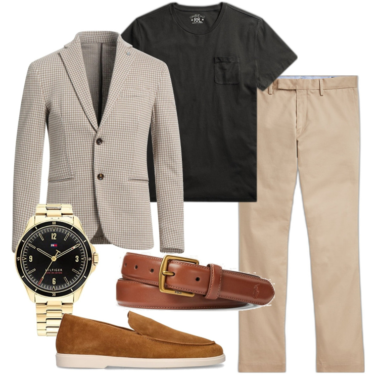 Outfit uomo - Fascino a iosa. Stile Trendy per Serata speciale. Abbinamento con giacche, cinture, t-shirt, pantaloni chino, scarpe stringate, orologi analogici.