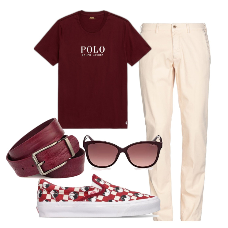 Outfit uomo - Rosso vino. Stile Casual per Tutti i giorni. Abbinamento con pantaloni, t-shirt, cinture, sneakers, occhiali da sole.
