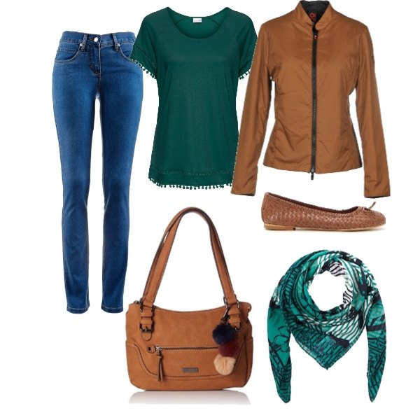 Outfit donna - Si ricomincia.... Stile Urban per Scuola/Università. Abbinamento con jeans dritti, maglia con scollo verde, giubbotto collo tondo a maniche lunghe con zip interno foderato in tessuto tecnico tinta unita, ballerine marrone, borsa a spalla marrone, sciarpa.