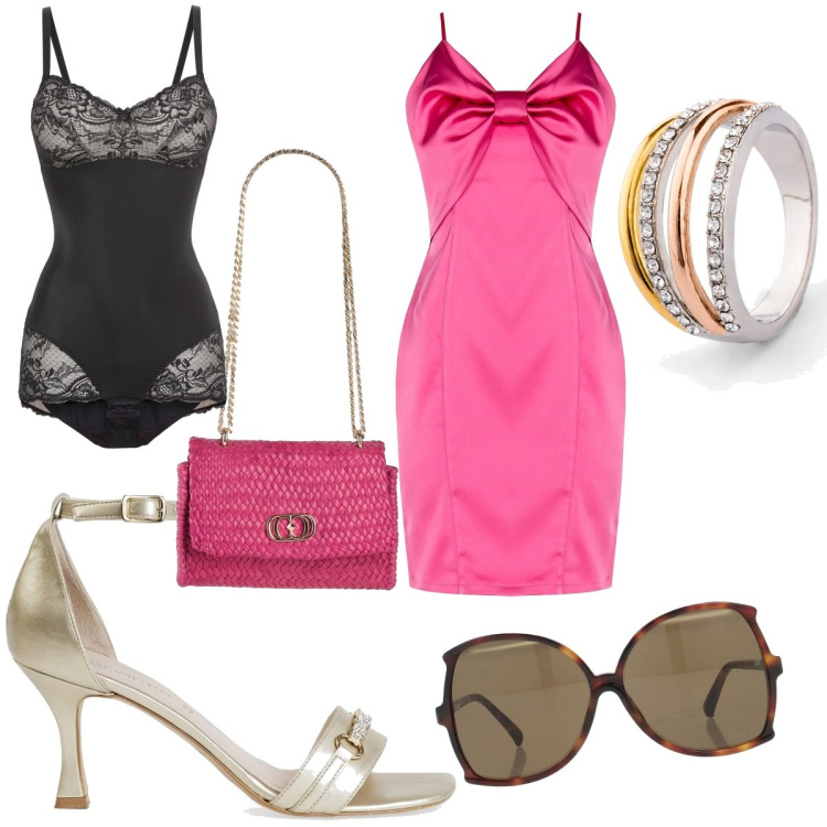 Outfit donna - Total look #1680118. Stile Bon Ton per Serata fuori. Abbinamento con body, anelli, occhiali da sole, borse a mano, vestiti a tubino, sandali col tacco.