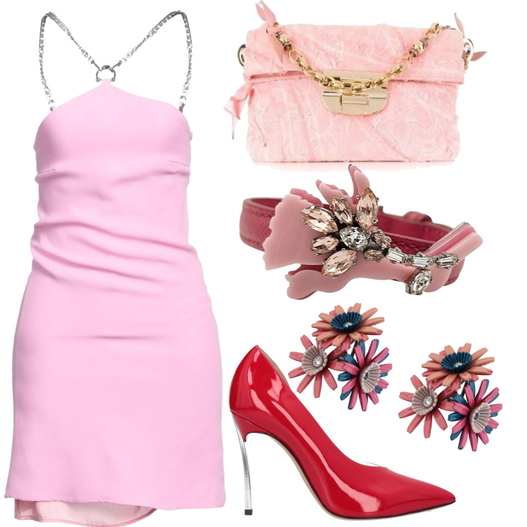 Outfit donna - Barbie girl. Stile Glamour per Serata fuori. Abbinamento con orecchini, vestiti corti, décolleté, braccialetti, borse a mano.