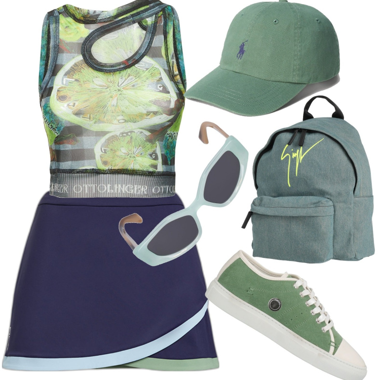 Outfit donna - Sportiva. Stile Casual per Sport. Abbinamento con sneakers, zaini, cappelli, minigonne, top, occhiali da sole.