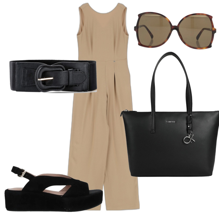 Outfit donna - La tuta minimal. Stile Bon Ton per Ufficio. Abbinamento con cinture, sandali in pelle, borse a mano, occhiali da sole, tute.