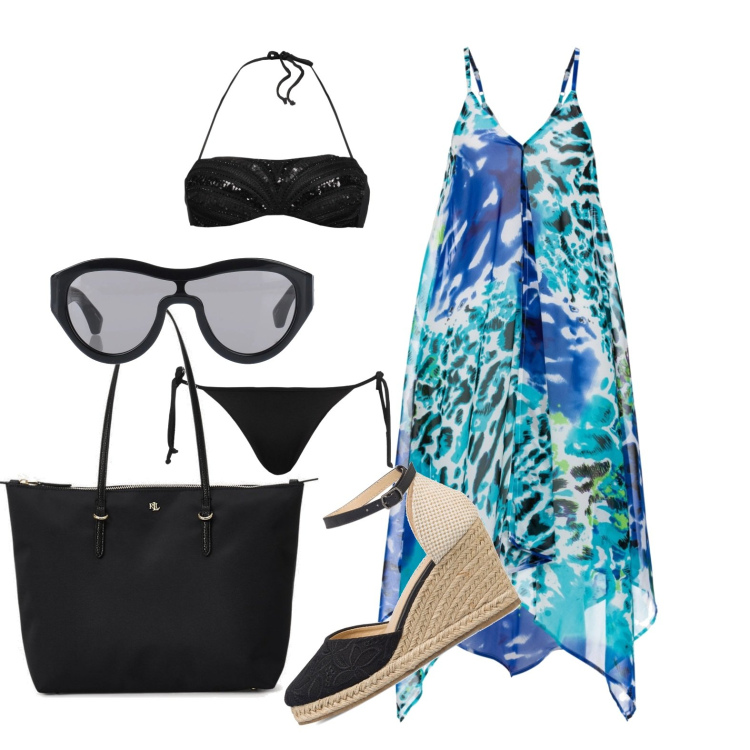 Outfit donna - Ghost outfitter - luglio. Stile Trendy per Mare. Abbinamento con vestiti da spiaggia, occhiali da sole, bikini, borse tote, espadrillas.