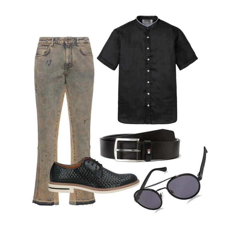 Outfit uomo - Ghost outfitter - luglio. Stile Trendy per Serata speciale. Abbinamento con camicie a manica corta, scarpe stringate, occhiali da sole, jeans dritti, cinture.