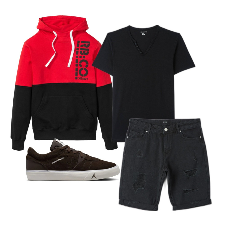 Outfit uomo - Ghost outfitter - luglio. Stile Urban per Tutti i giorni. Abbinamento con felpe con cappuccio, pantaloni corti, t-shirt, sneakers.