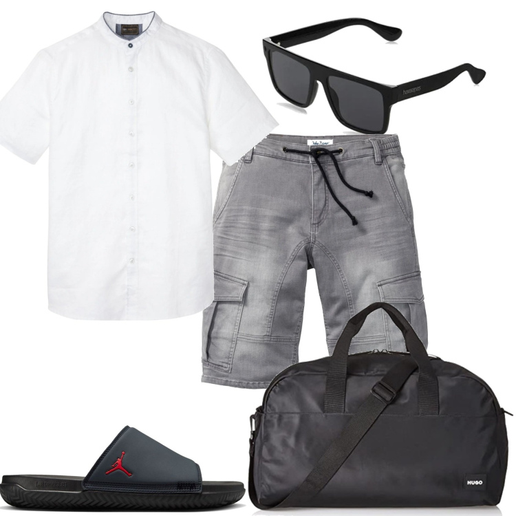 Outfit uomo - Bermuda e camicia al mare. Stile Casual per Mare. Abbinamento con bermuda, camicie a manica corta, occhiali da sole, sandali, borse sportive.